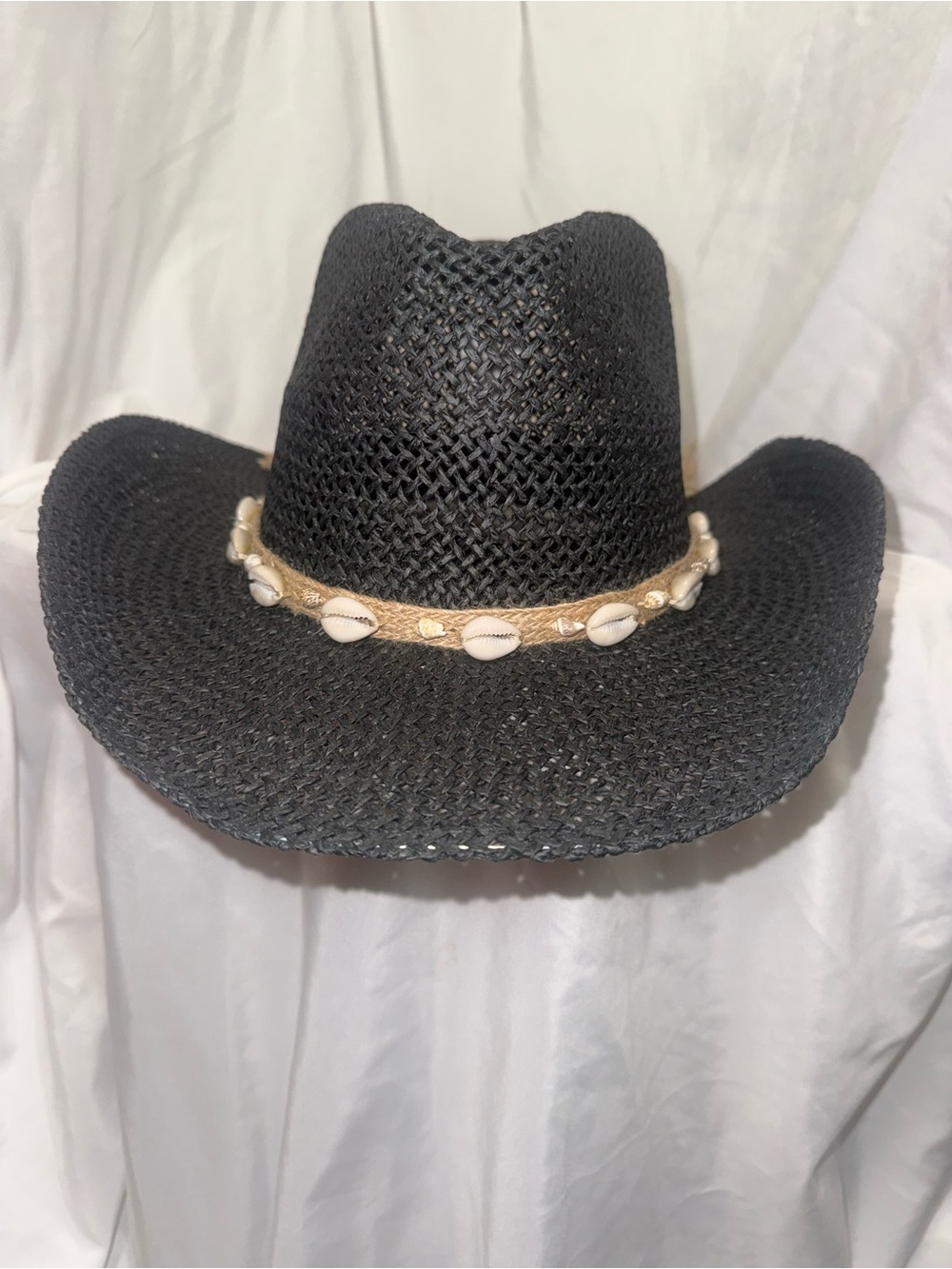 Black Straw Cowboy Hat with Shell Band - Unbranded